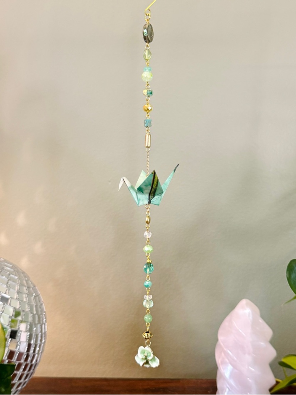Origami Ornament #2489 - Small Crane with Green Beads and Enamel Flower Pendant